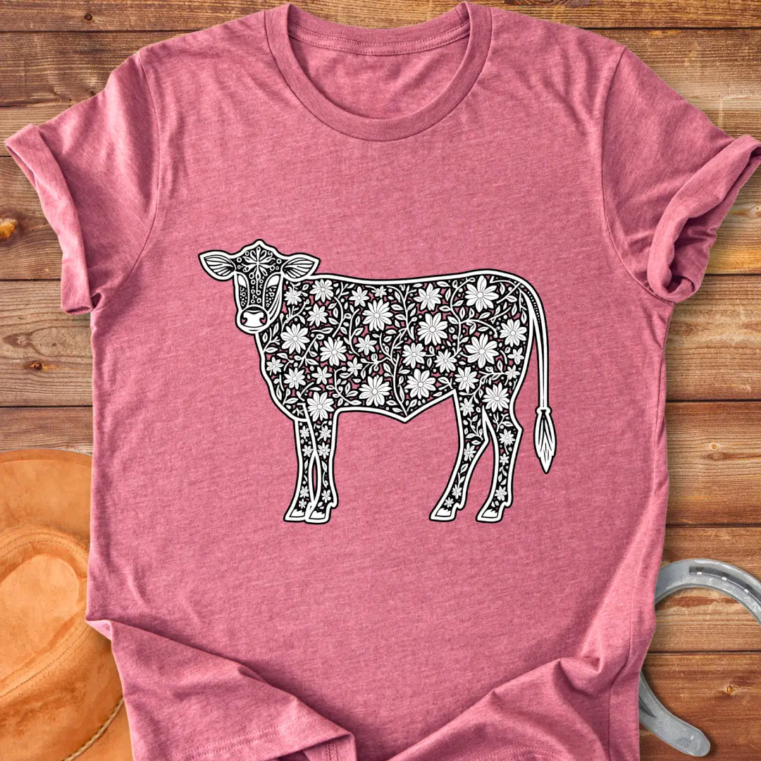 Floral design of a cow filled with flowers, a unique t-shirt for cow lovers.
