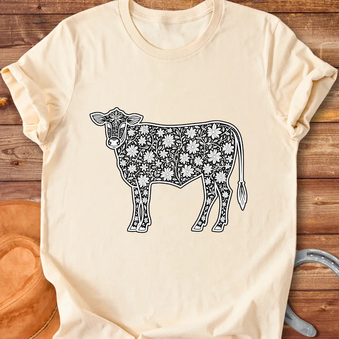 Floral design of a cow filled with flowers, a unique t-shirt for cow lovers.
