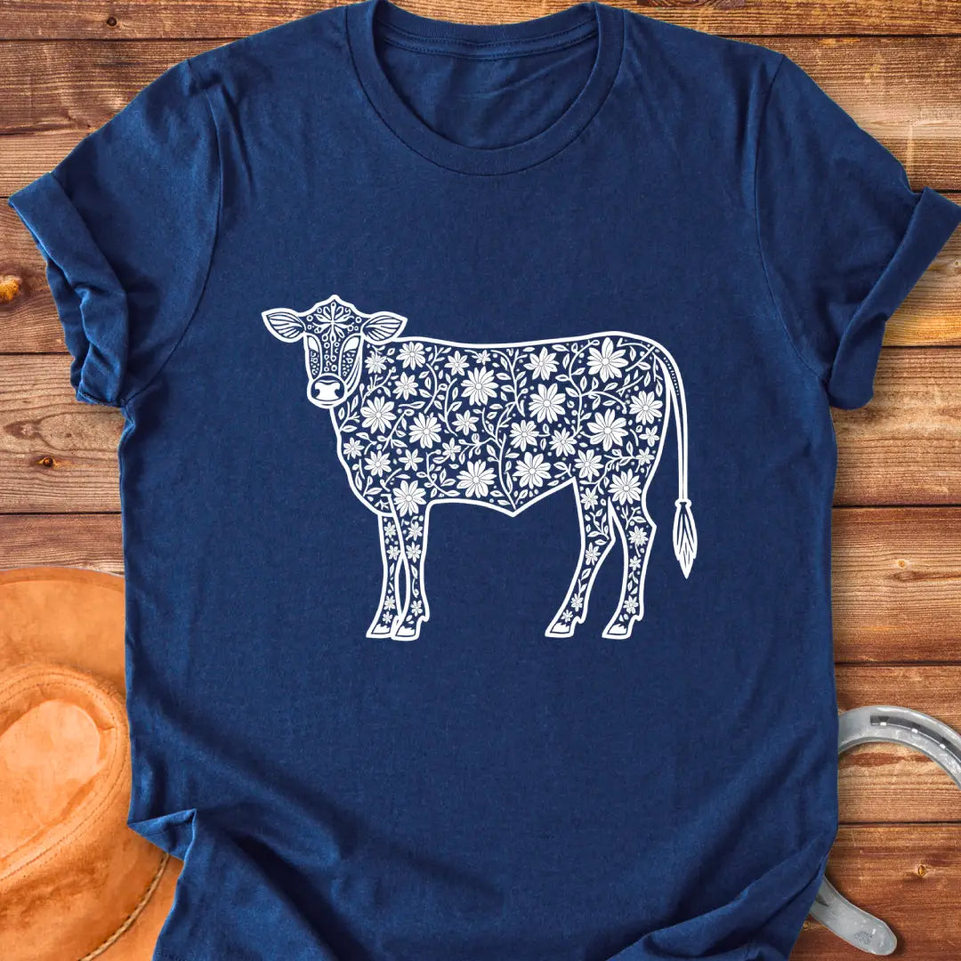 Floral design of a cow filled with flowers, a unique t-shirt for cow lovers.