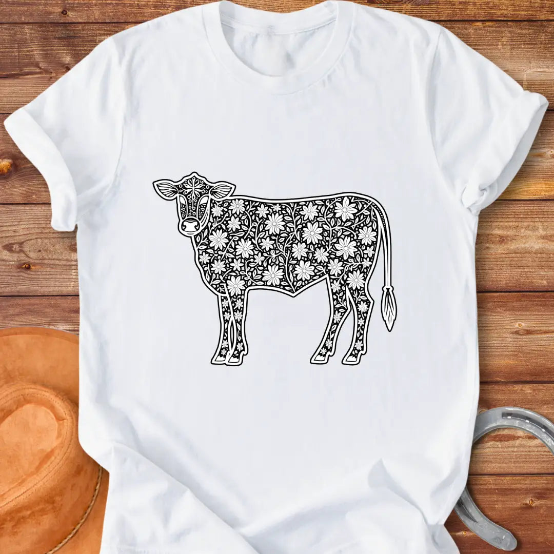 Floral design of a cow filled with flowers, a unique t-shirt for cow lovers.