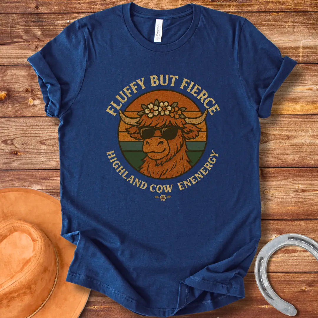 Fluffy but Fierce t-shirt featuring a Highland cow wearing sunglasses and a flower crown, with text reading 'Highland Cow Energy'