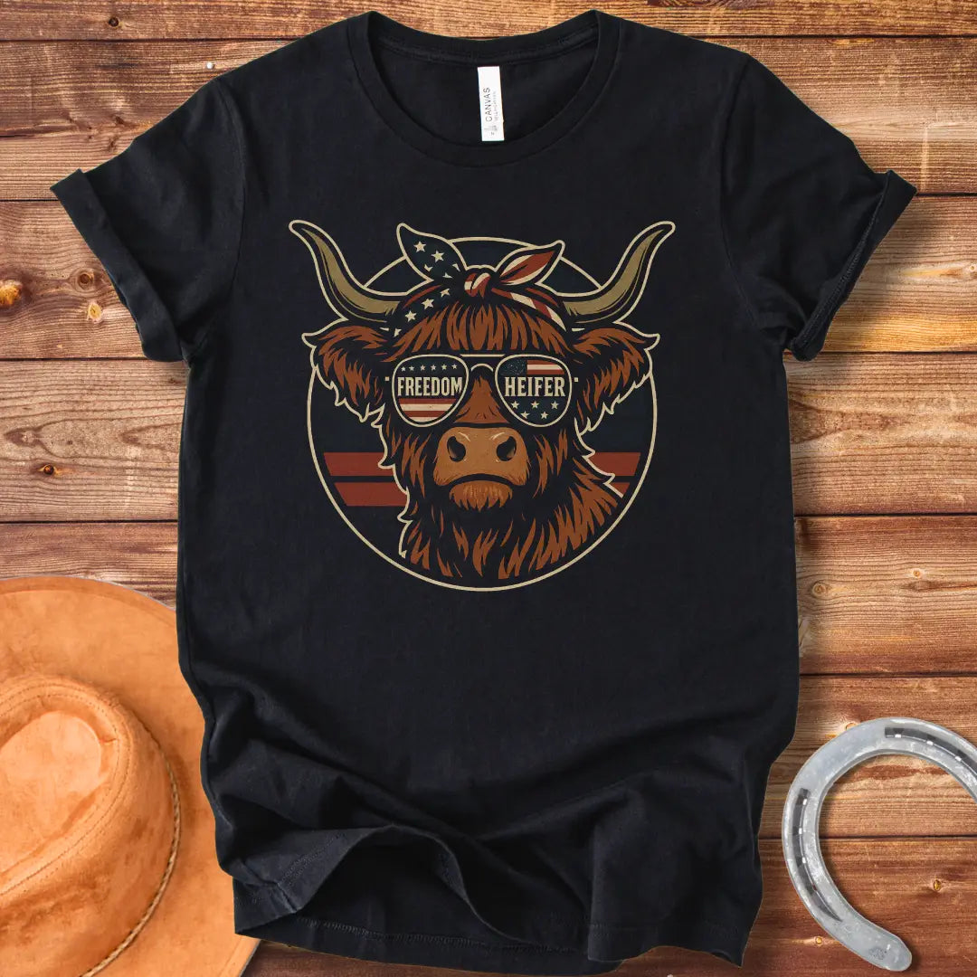 Freedom Heifer T-Shirt: Highland cow wearing sunglasses with the American flag design.