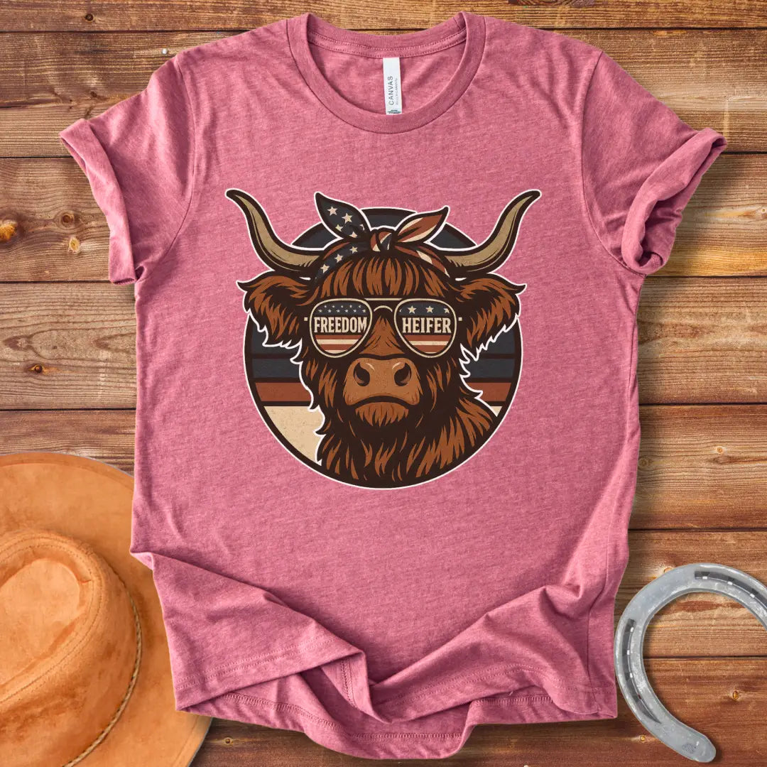 Freedom Heifer T-Shirt: Highland cow wearing sunglasses with the American flag design.