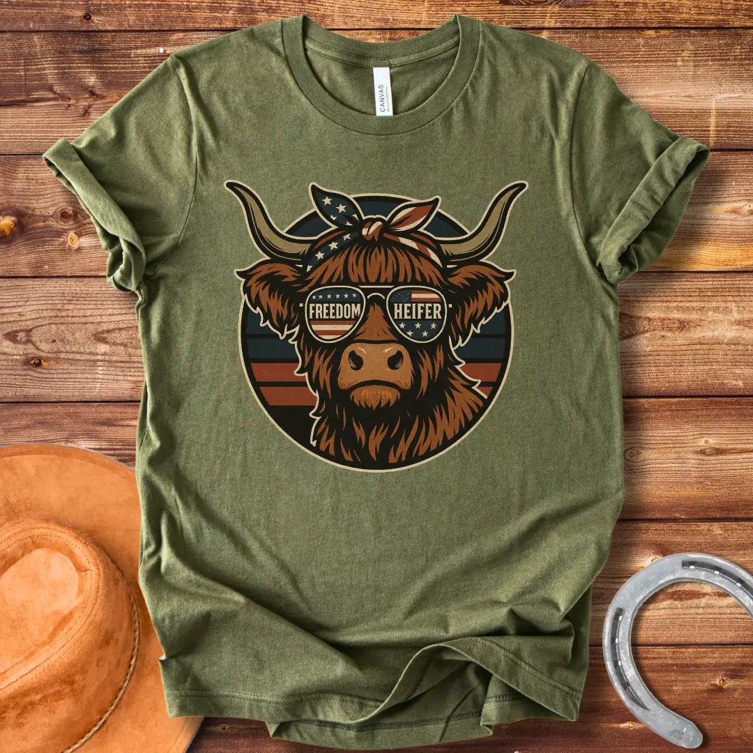 Freedom Heifer T-Shirt: Highland cow wearing sunglasses with the American flag design.