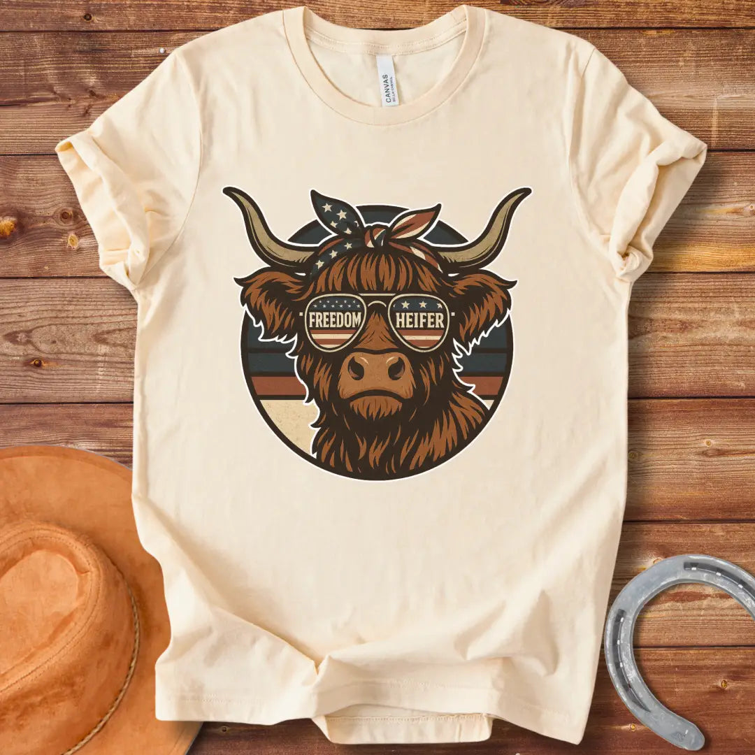Freedom Heifer T-Shirt: Highland cow wearing sunglasses with the American flag design.
