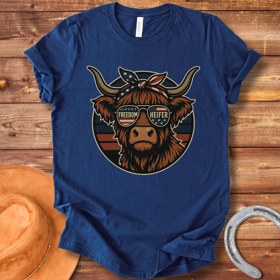 Freedom Heifer T-Shirt: Highland cow wearing sunglasses with the American flag design.