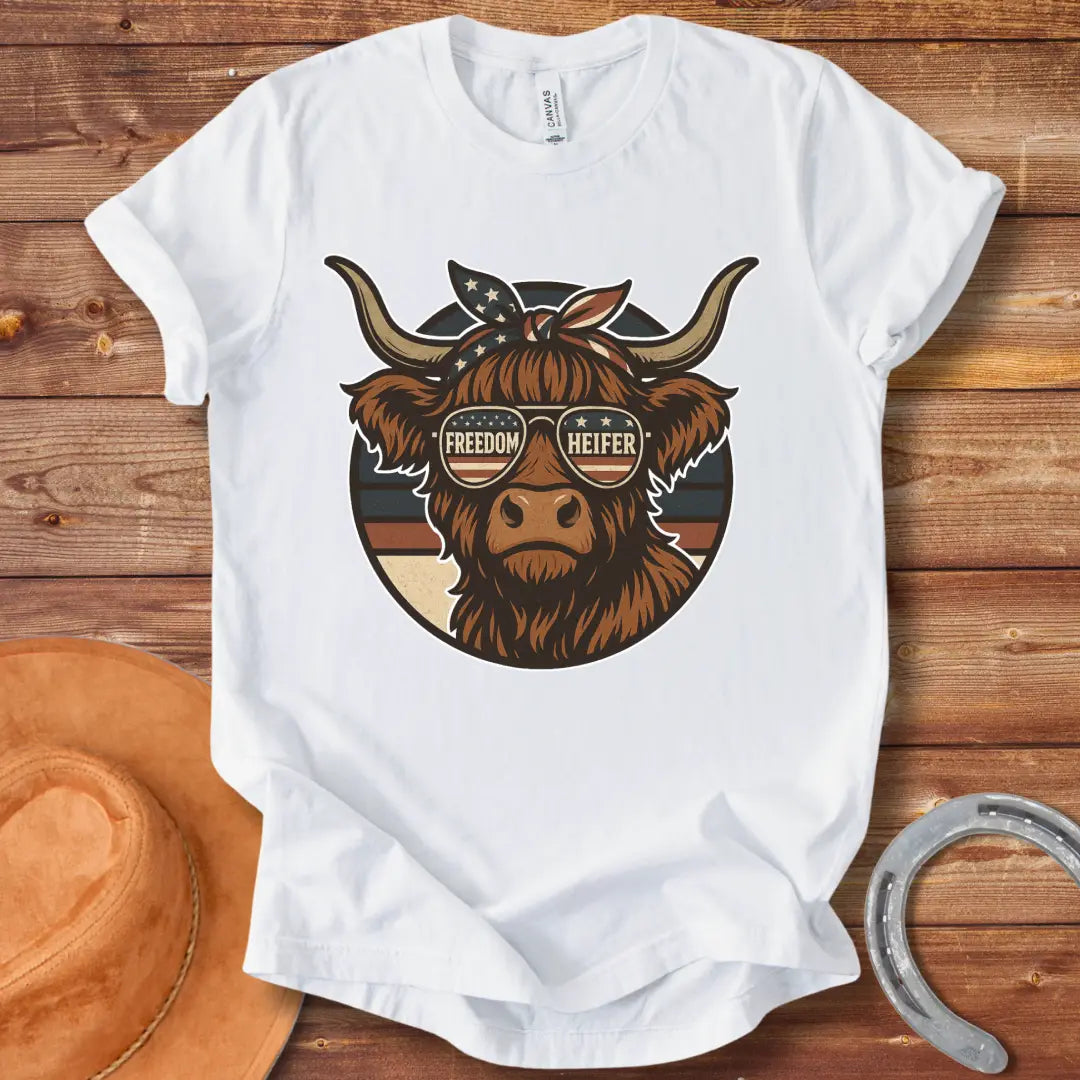 Freedom Heifer T-Shirt: Highland cow wearing sunglasses with the American flag design.