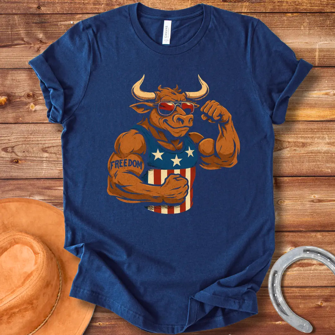 Patriotic cow flexing its muscles, wearing sunglasses and a tank top with stars and stripes, tattoo that says freedom.