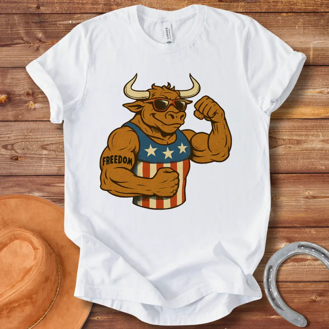 Patriotic cow flexing its muscles, wearing sunglasses and a tank top with stars and stripes, tattoo that says freedom.