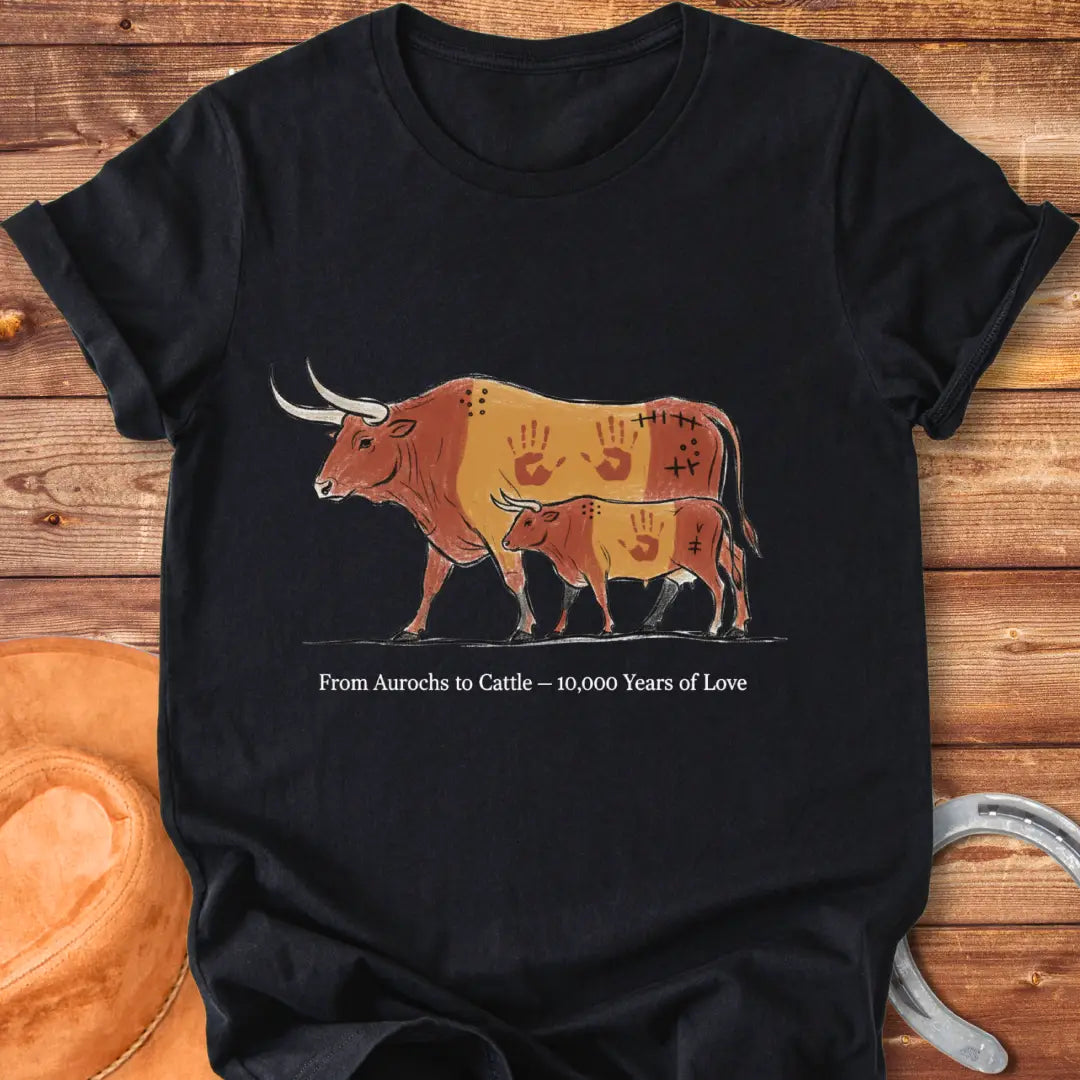 Illustration of an Aurochs and a calf, with hand prints on them, symbolizing the evolution of cattle over time.