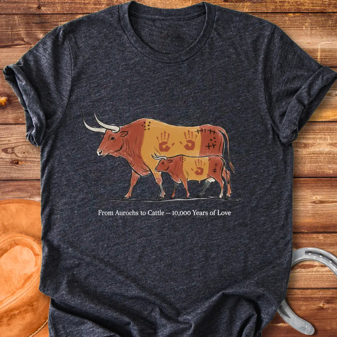 Illustration of an Aurochs and a calf, with hand prints on them, symbolizing the evolution of cattle over time.