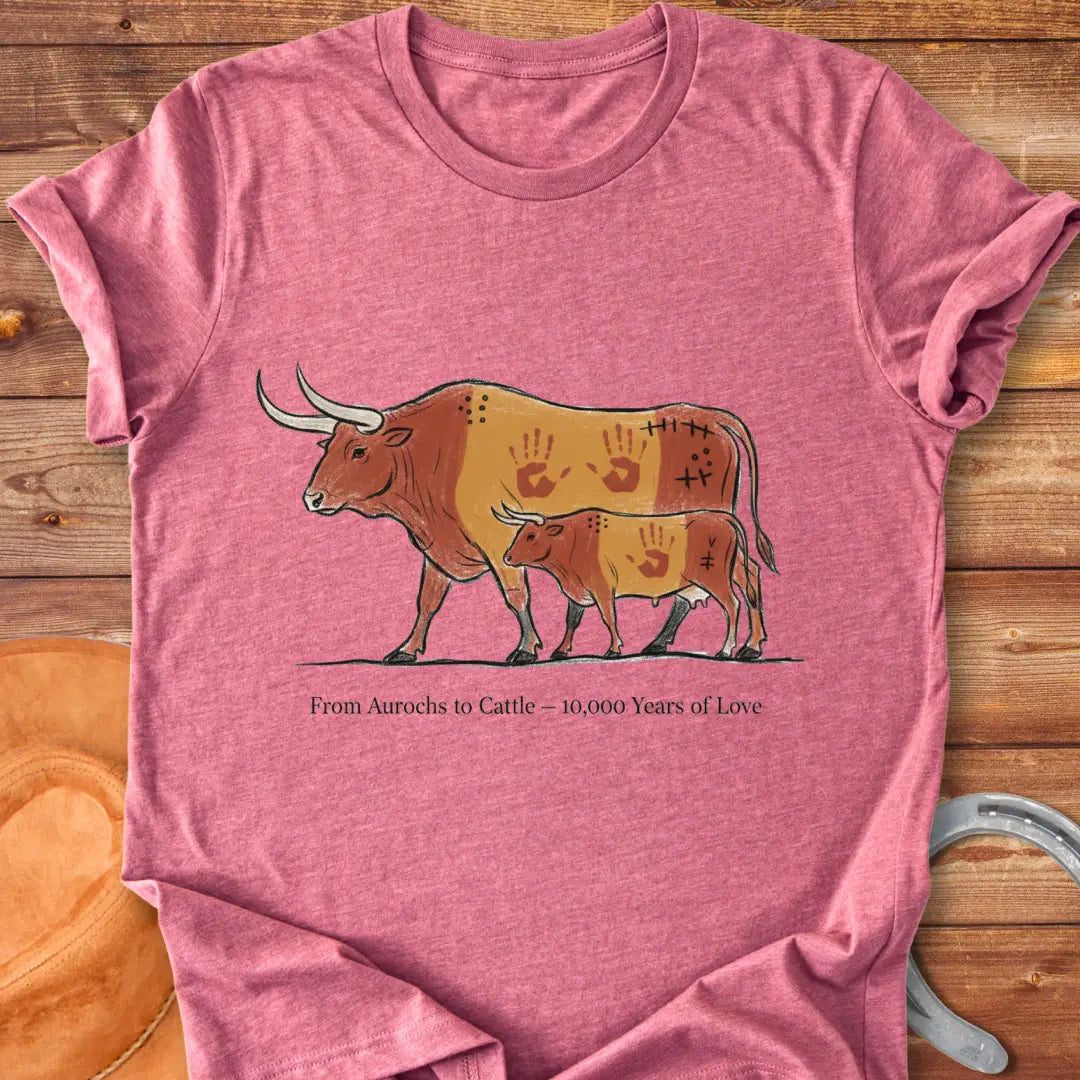 Illustration of an Aurochs and a calf, with hand prints on them, symbolizing the evolution of cattle over time.