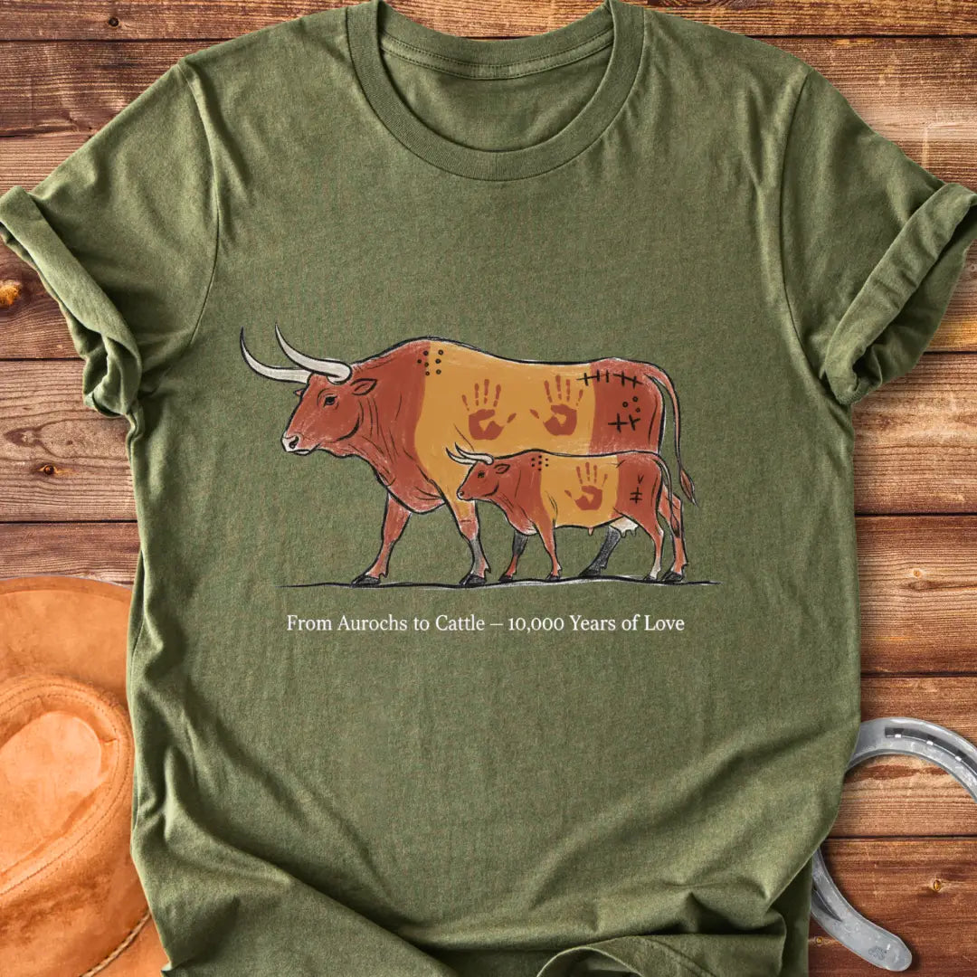 Illustration of an Aurochs and a calf, with hand prints on them, symbolizing the evolution of cattle over time.