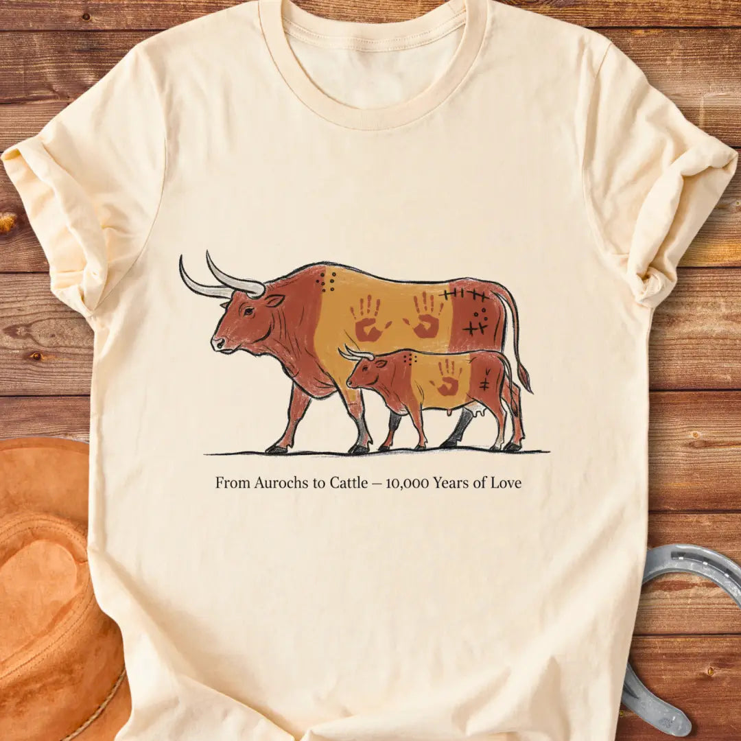 Illustration of an Aurochs and a calf, with hand prints on them, symbolizing the evolution of cattle over time.