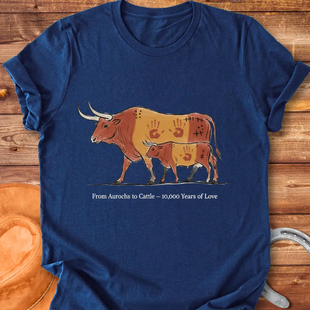 Illustration of an Aurochs and a calf, with hand prints on them, symbolizing the evolution of cattle over time.