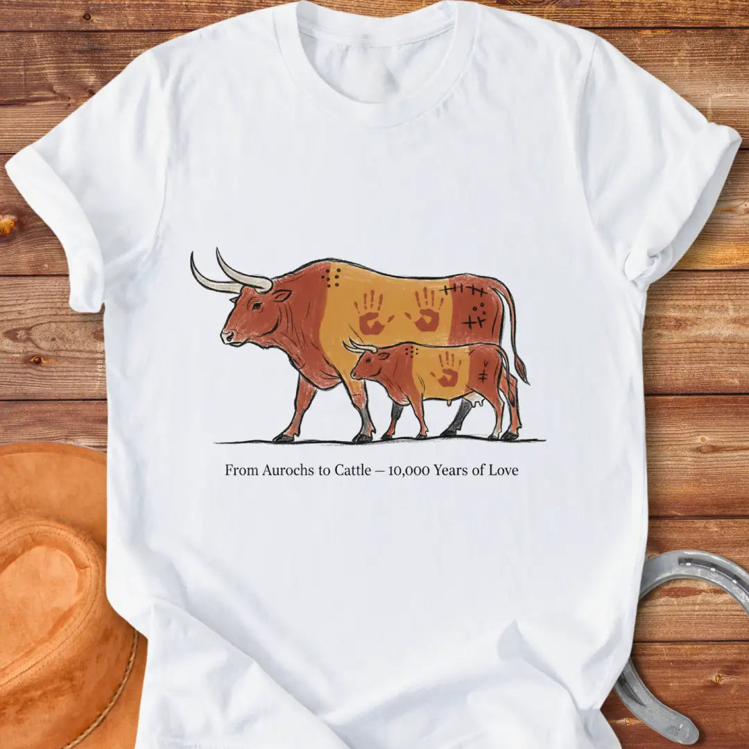 Illustration of an Aurochs and a calf, with hand prints on them, symbolizing the evolution of cattle over time.