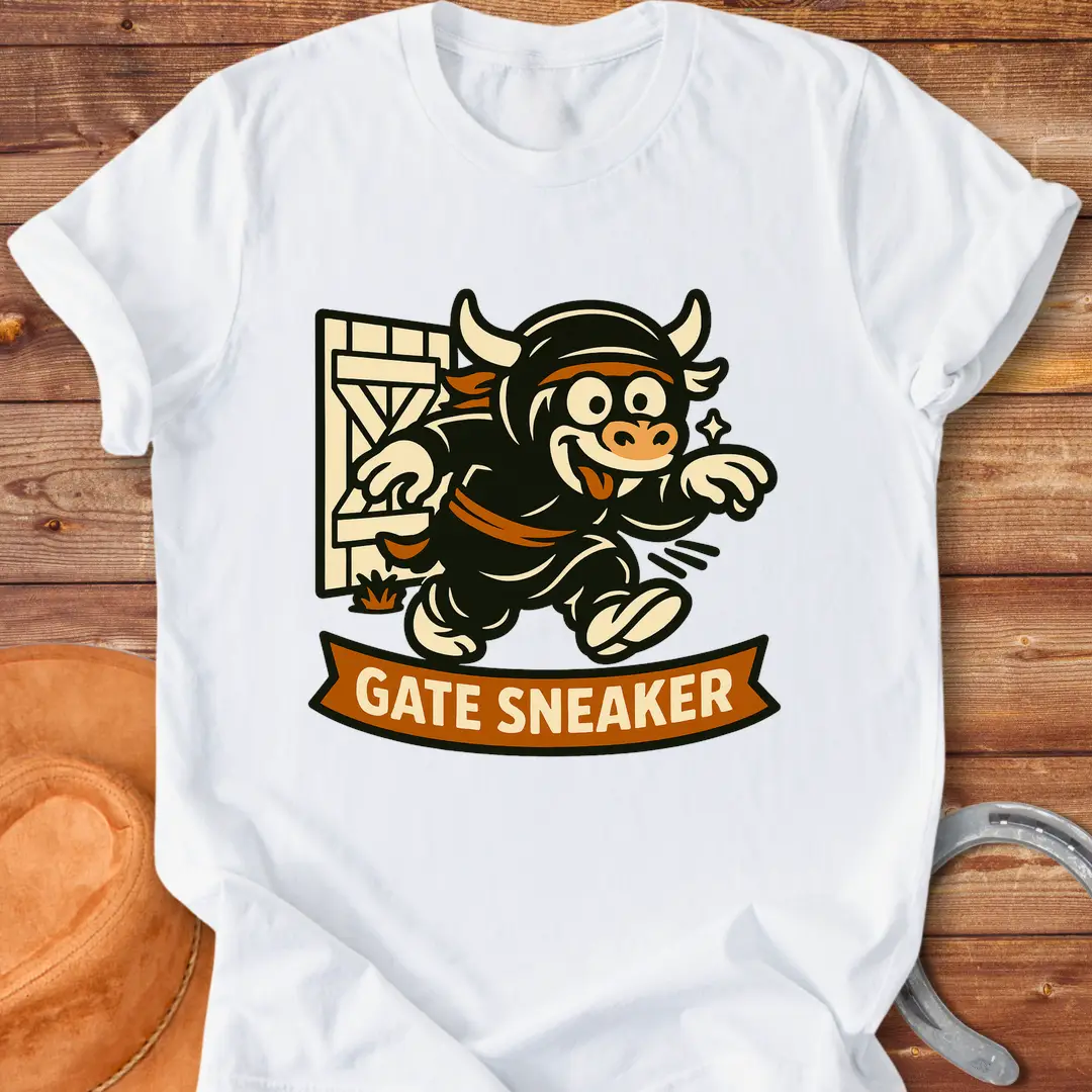 Cartoon illustration of a cow running through a gate on a t-shirt