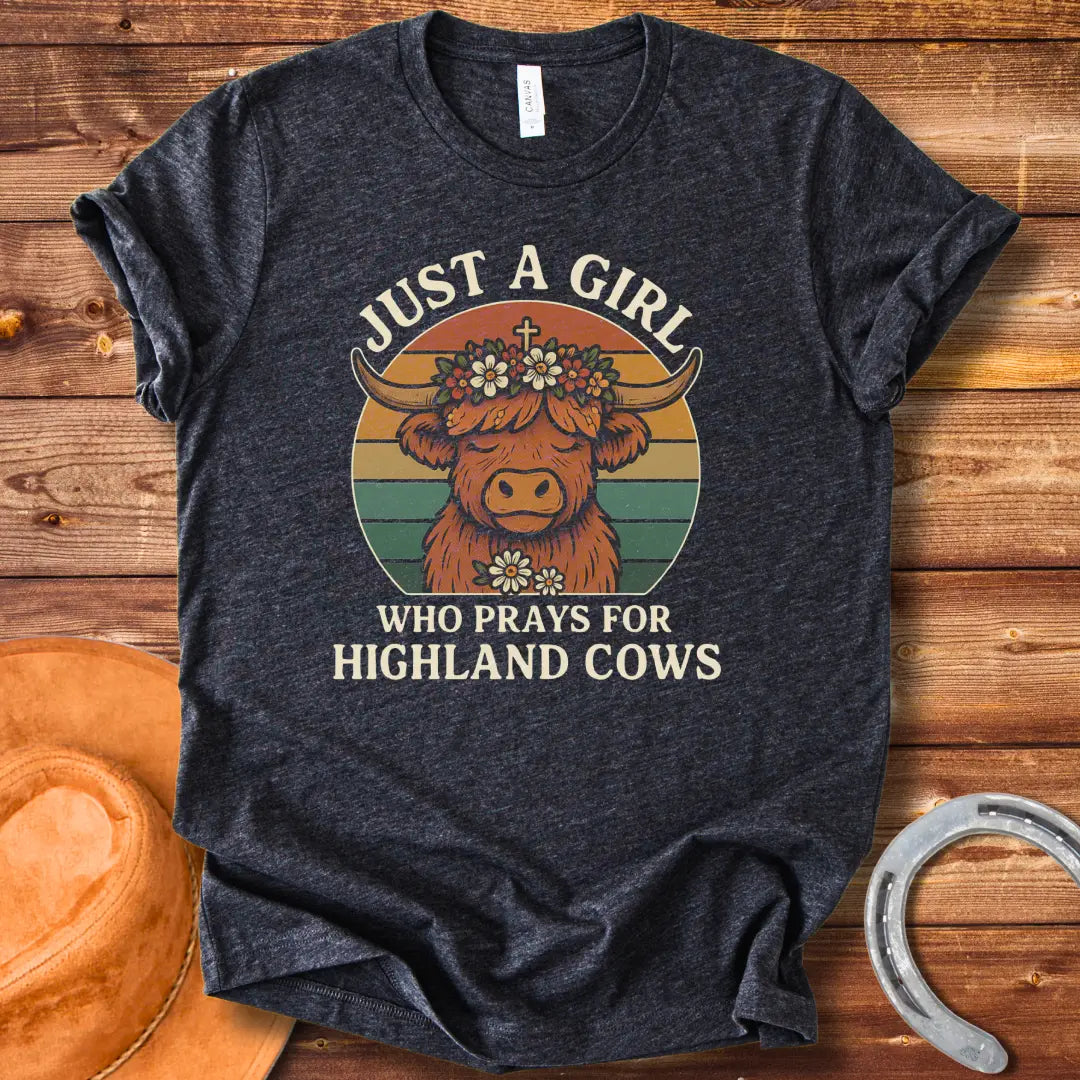 Girl praying for Highland cows t-shirt design featuring a Highland cow with a flower crown and the words 'Just a girl who prays for Highland cows'.