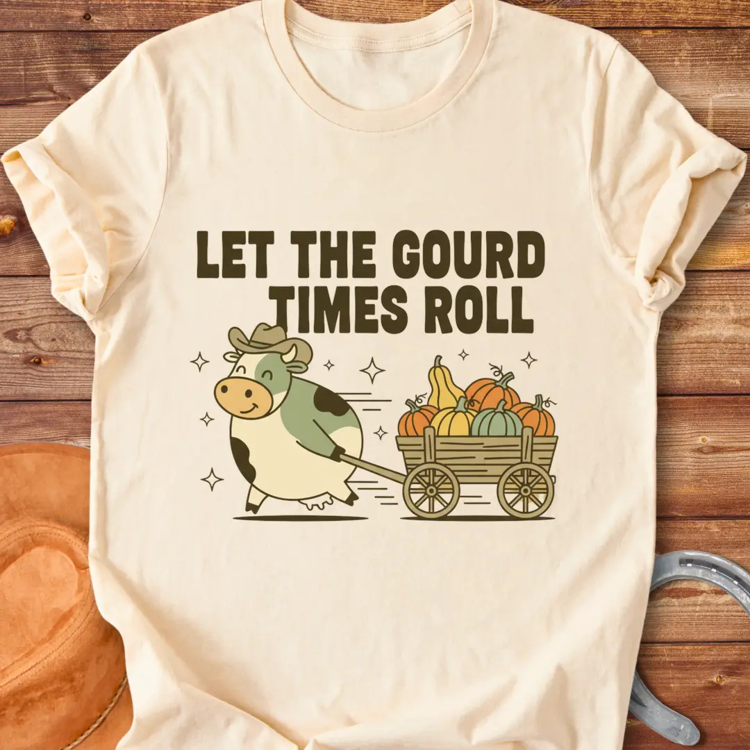 Cow pulling a wagon full of pumpkins with the text 'Let the Gourd Times Roll' – a fall-themed t-shirt design from Cow Lovers Clothing.