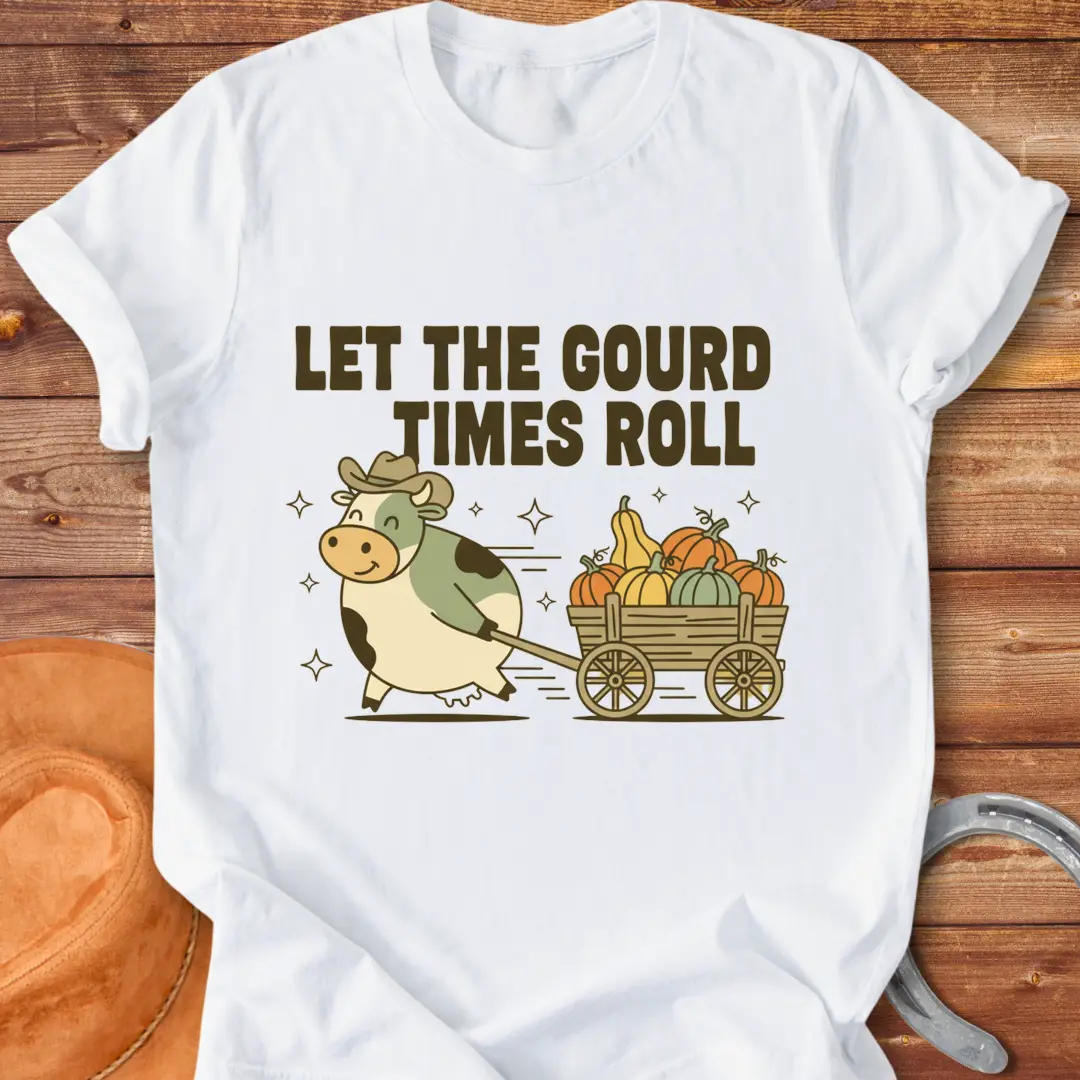 Cow pulling a wagon full of pumpkins with the text 'Let the Gourd Times Roll' – a fall-themed t-shirt design from Cow Lovers Clothing.