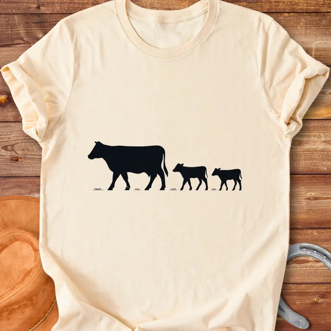 Silhouette of a cow family grazing, mother cow leading two calves