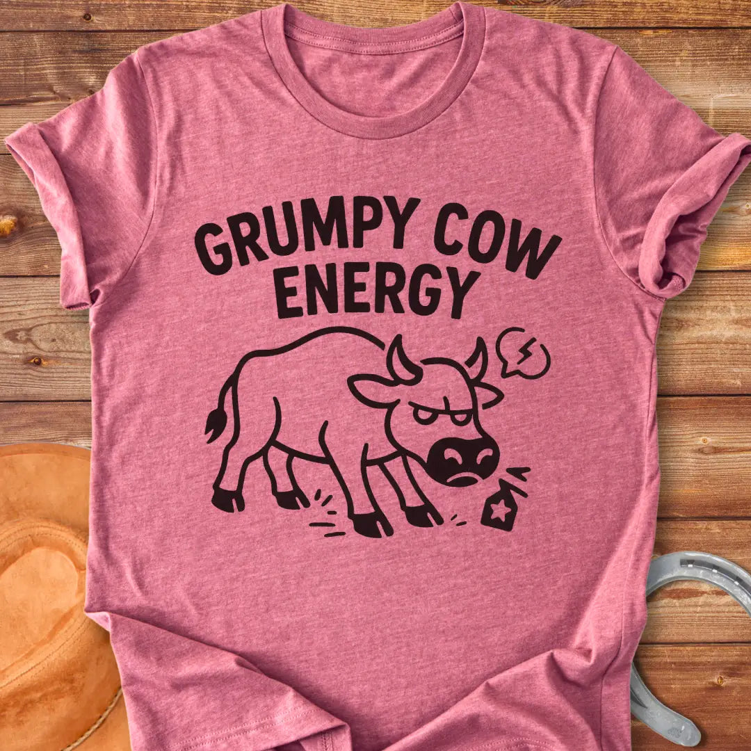 Grumpy cow t-shirt design featuring an angry cow with the words Grumpy Cow Energy.