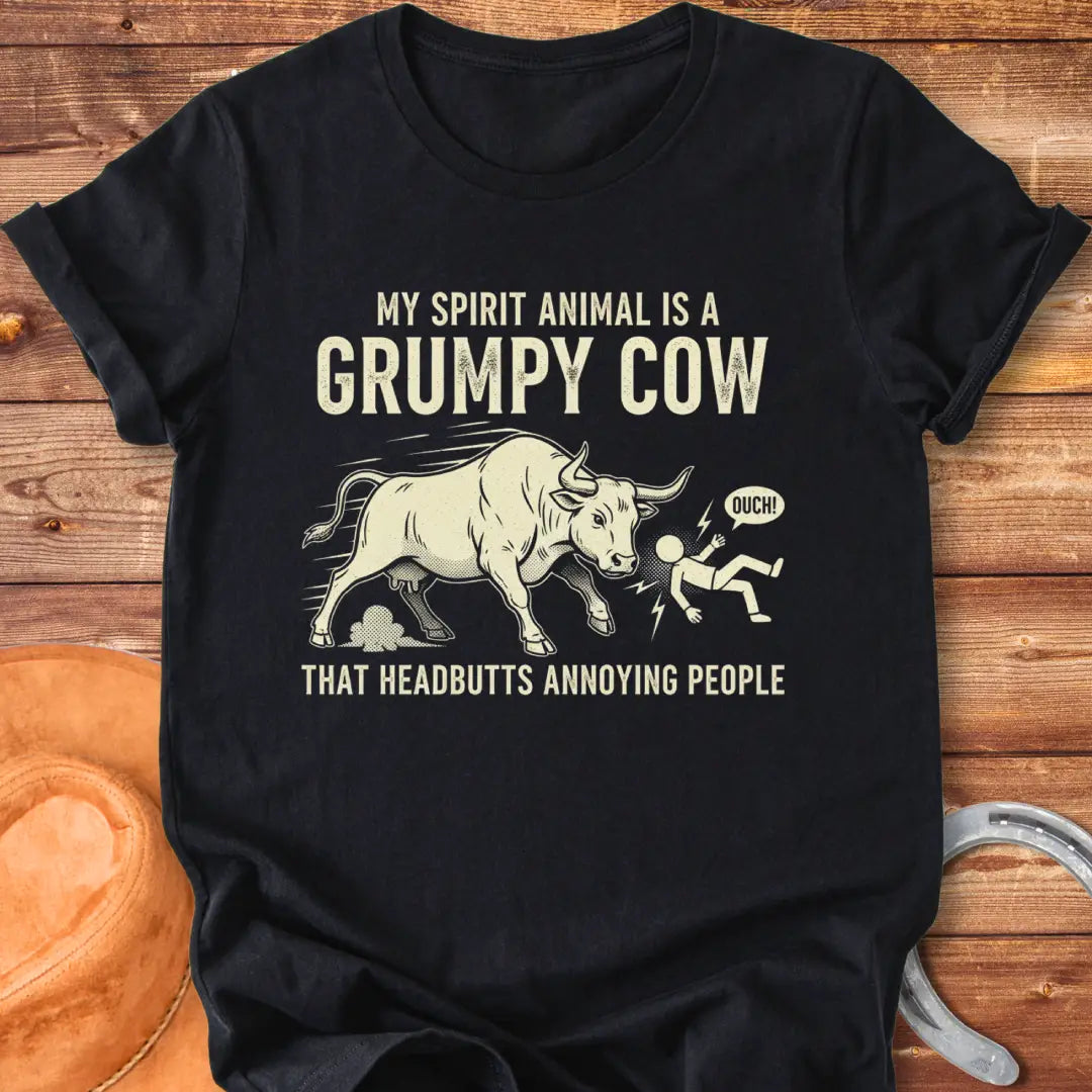 Grumpy bull headbutting someone, a funny cow t-shirt design
