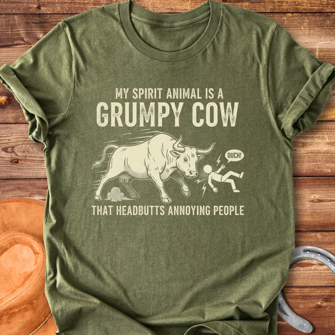Grumpy bull headbutting someone, a funny cow t-shirt design
