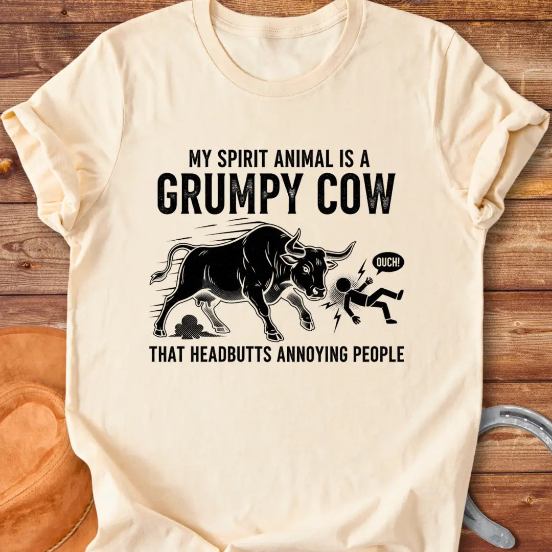 Grumpy bull headbutting someone, a funny cow t-shirt design