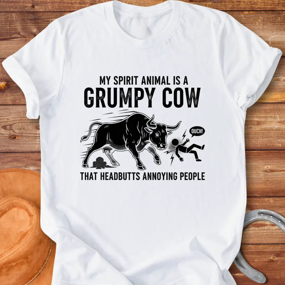 Grumpy bull headbutting someone, a funny cow t-shirt design
