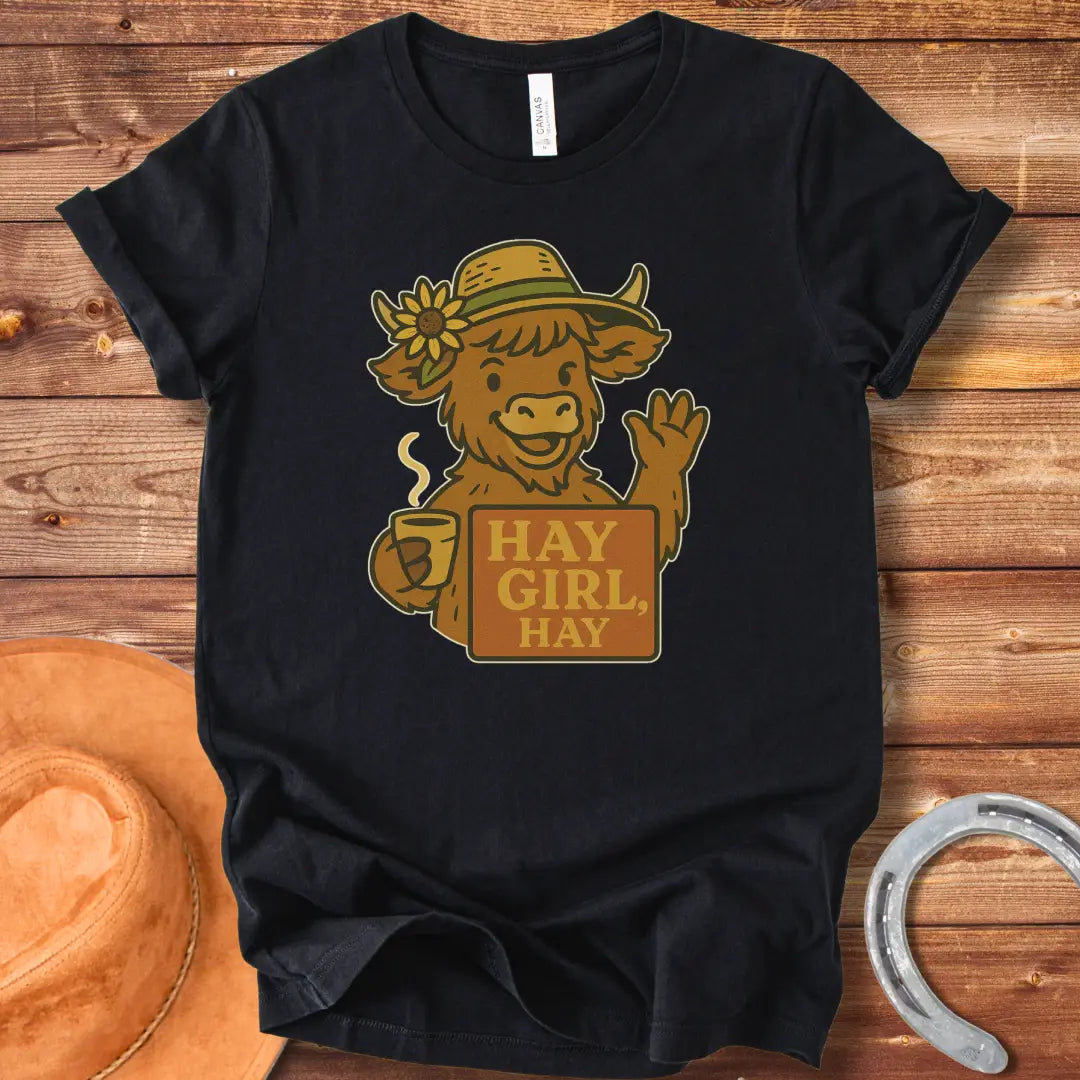Illustration of a friendly cow wearing a hat with a sunflower, holding a mug and sign that reads 'Hay Girl, Hay'.