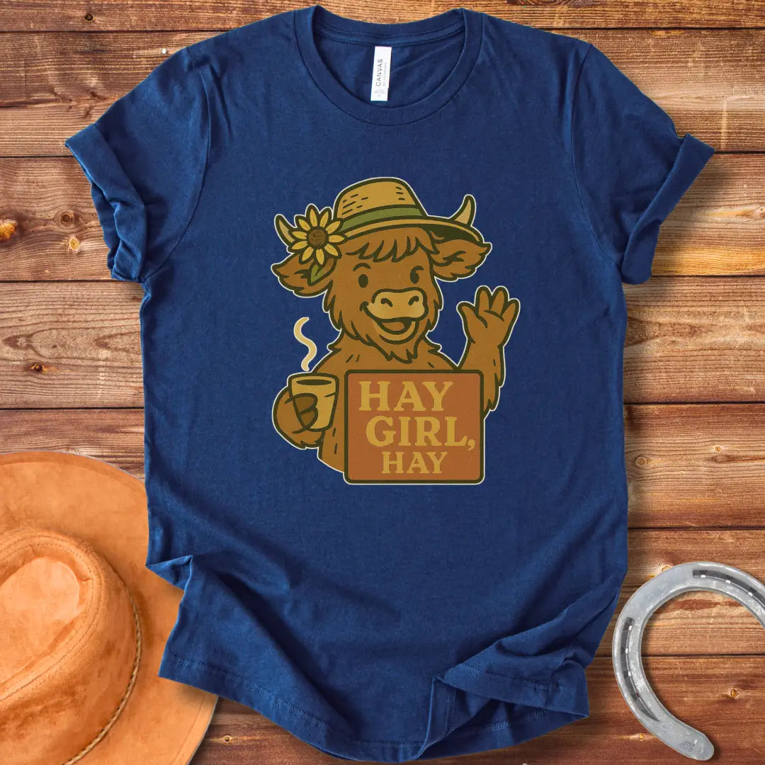Illustration of a friendly cow wearing a hat with a sunflower, holding a mug and sign that reads 'Hay Girl, Hay'.
