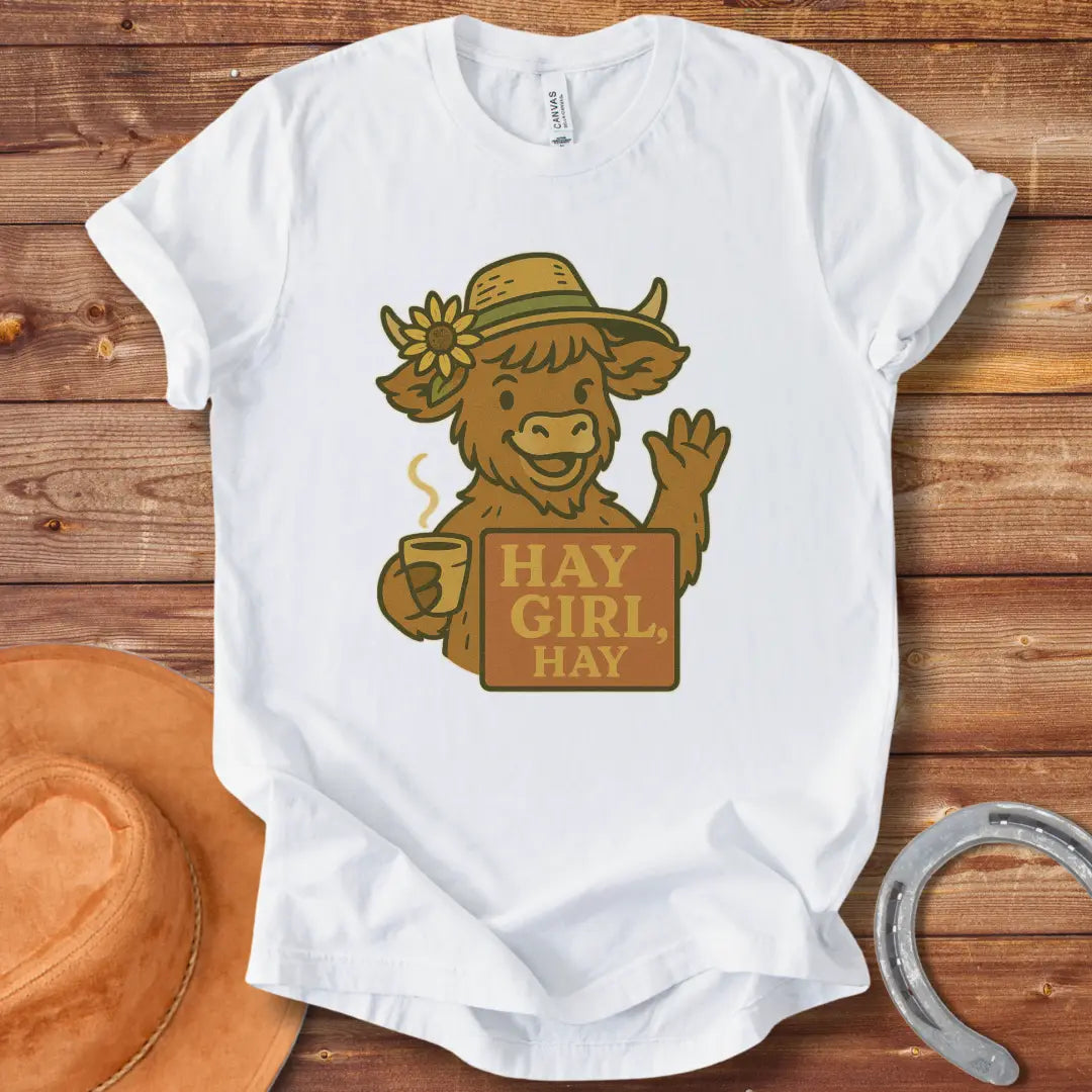 Illustration of a friendly cow wearing a hat with a sunflower, holding a mug and sign that reads 'Hay Girl, Hay'.