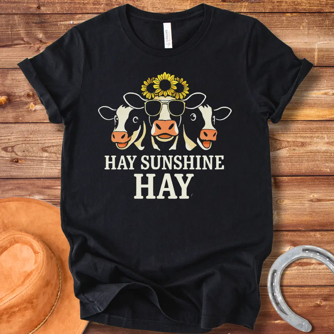 Hay Sunshine Hay T-Shirt featuring three smiling cows, one wearing sunglasses and a sunflower crown.