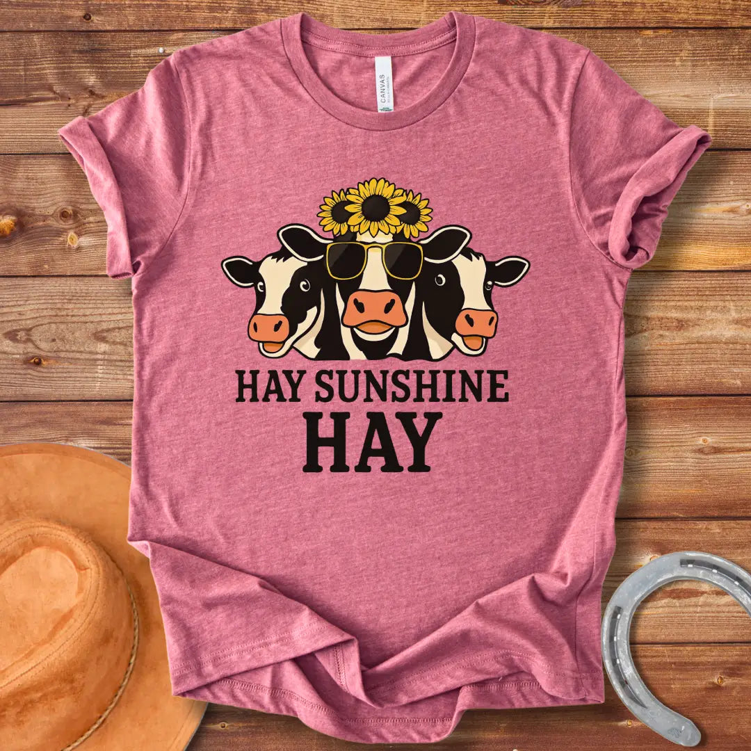 Hay Sunshine Hay T-Shirt featuring three smiling cows, one wearing sunglasses and a sunflower crown.