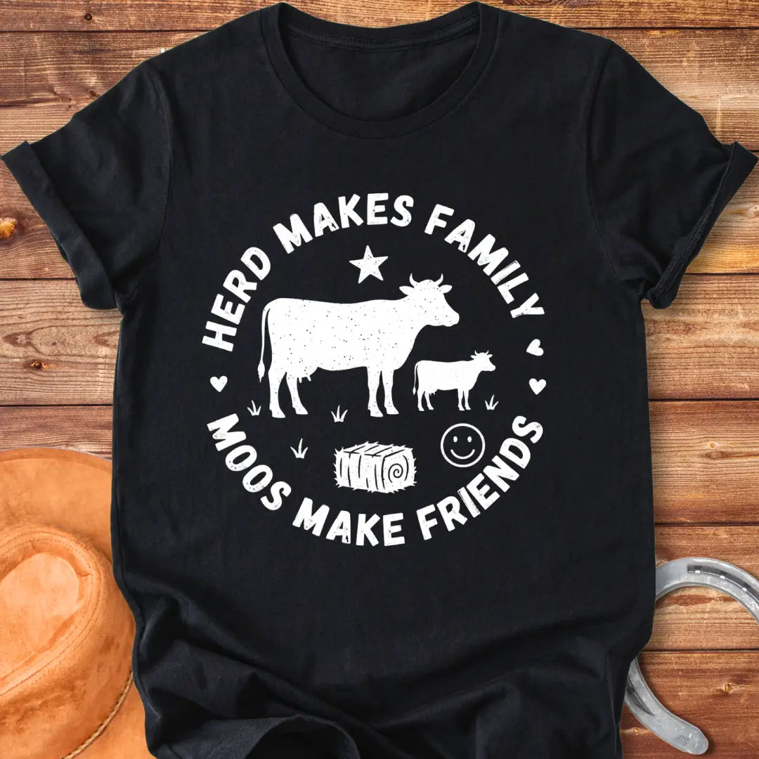 Herd Moos Family Circle T-Shirt featuring a cow and calf, surrounded by text and hearts