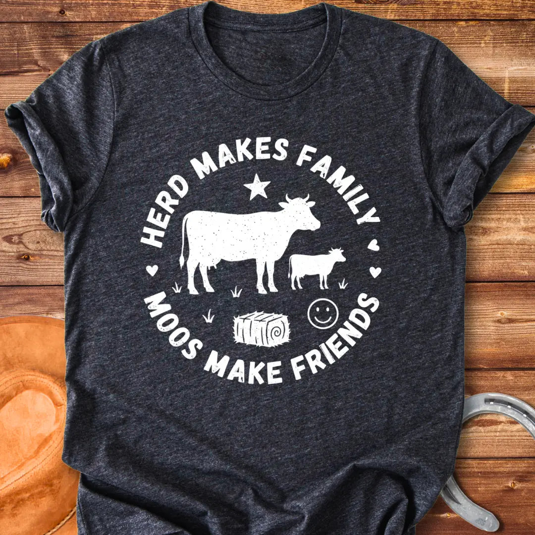Herd Moos Family Circle T-Shirt featuring a cow and calf, surrounded by text and hearts