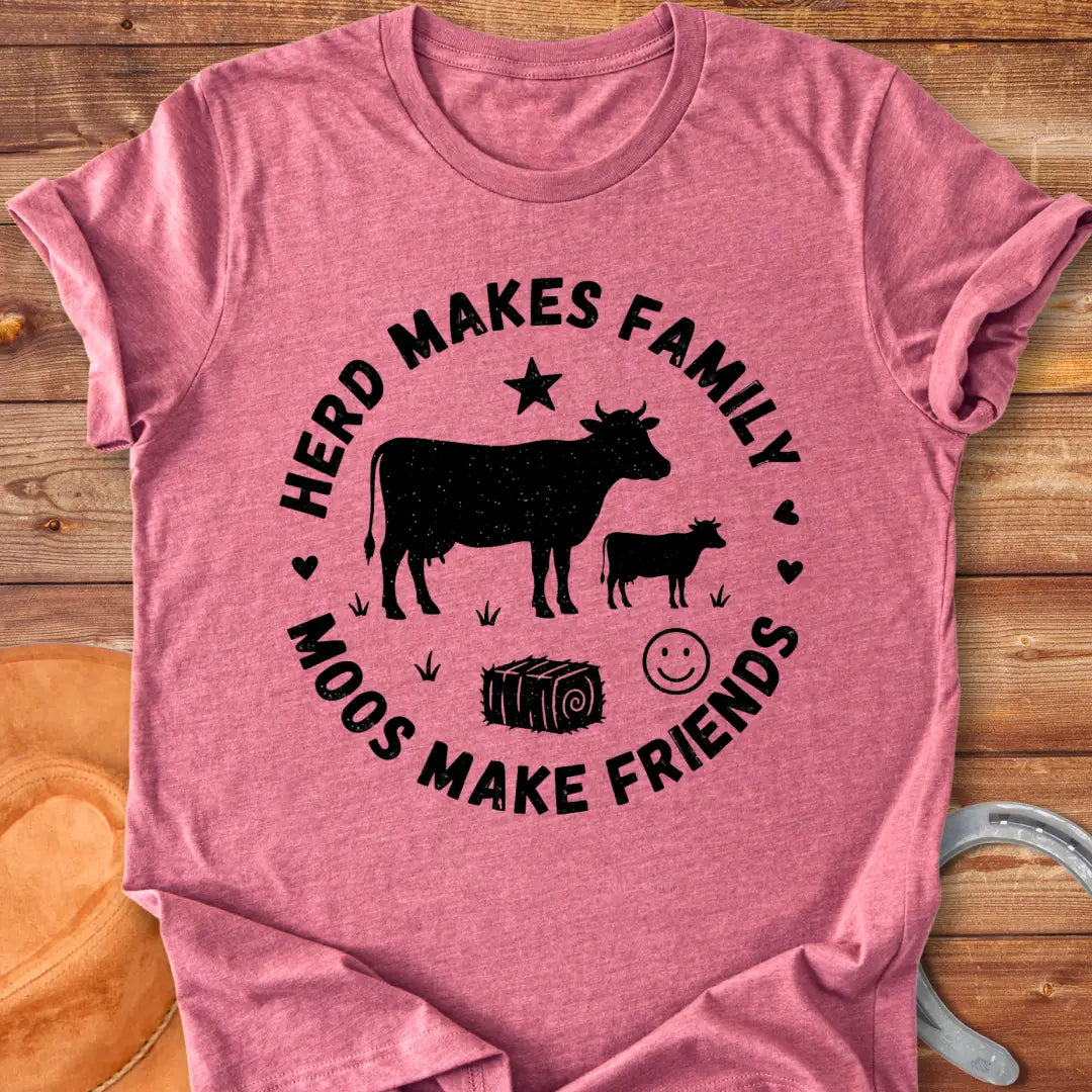 Herd Moos Family Circle T-Shirt featuring a cow and calf, surrounded by text and hearts