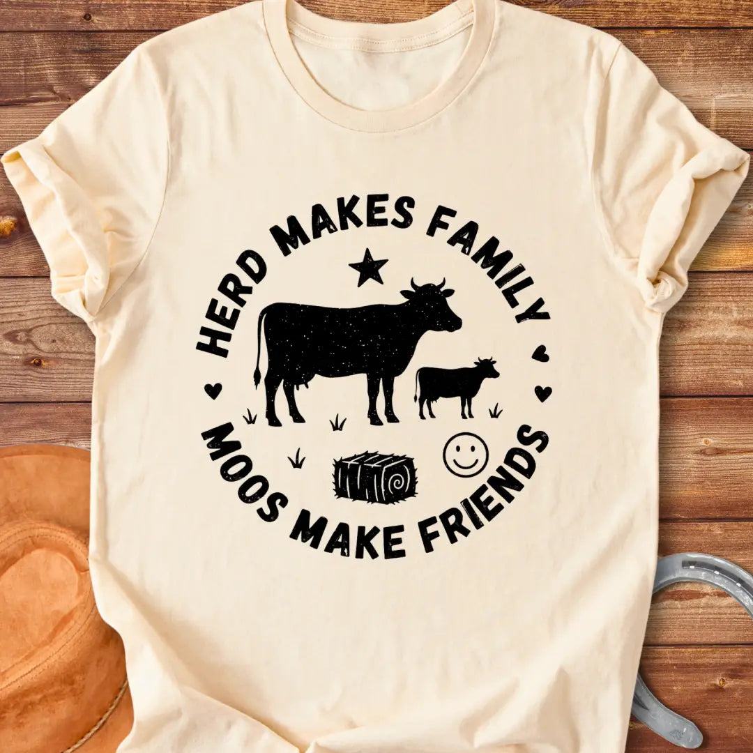Herd Moos Family Circle T-Shirt featuring a cow and calf, surrounded by text and hearts