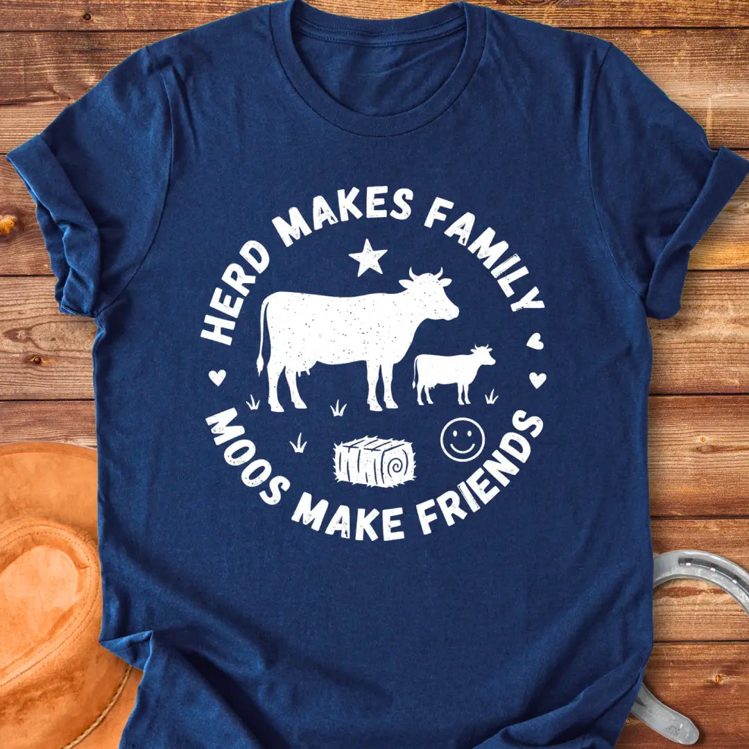 Herd Moos Family Circle T-Shirt featuring a cow and calf, surrounded by text and hearts