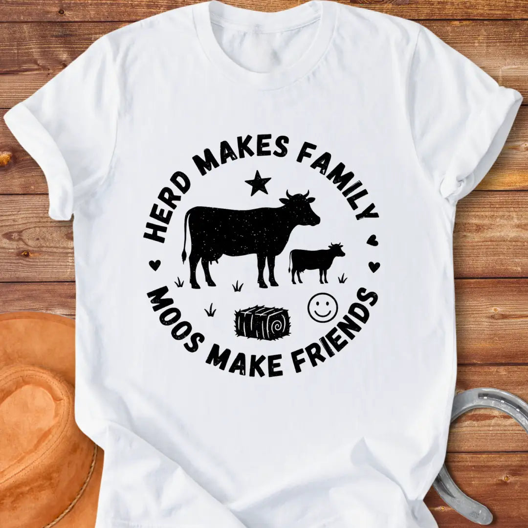 Herd Moos Family Circle T-Shirt featuring a cow and calf, surrounded by text and hearts