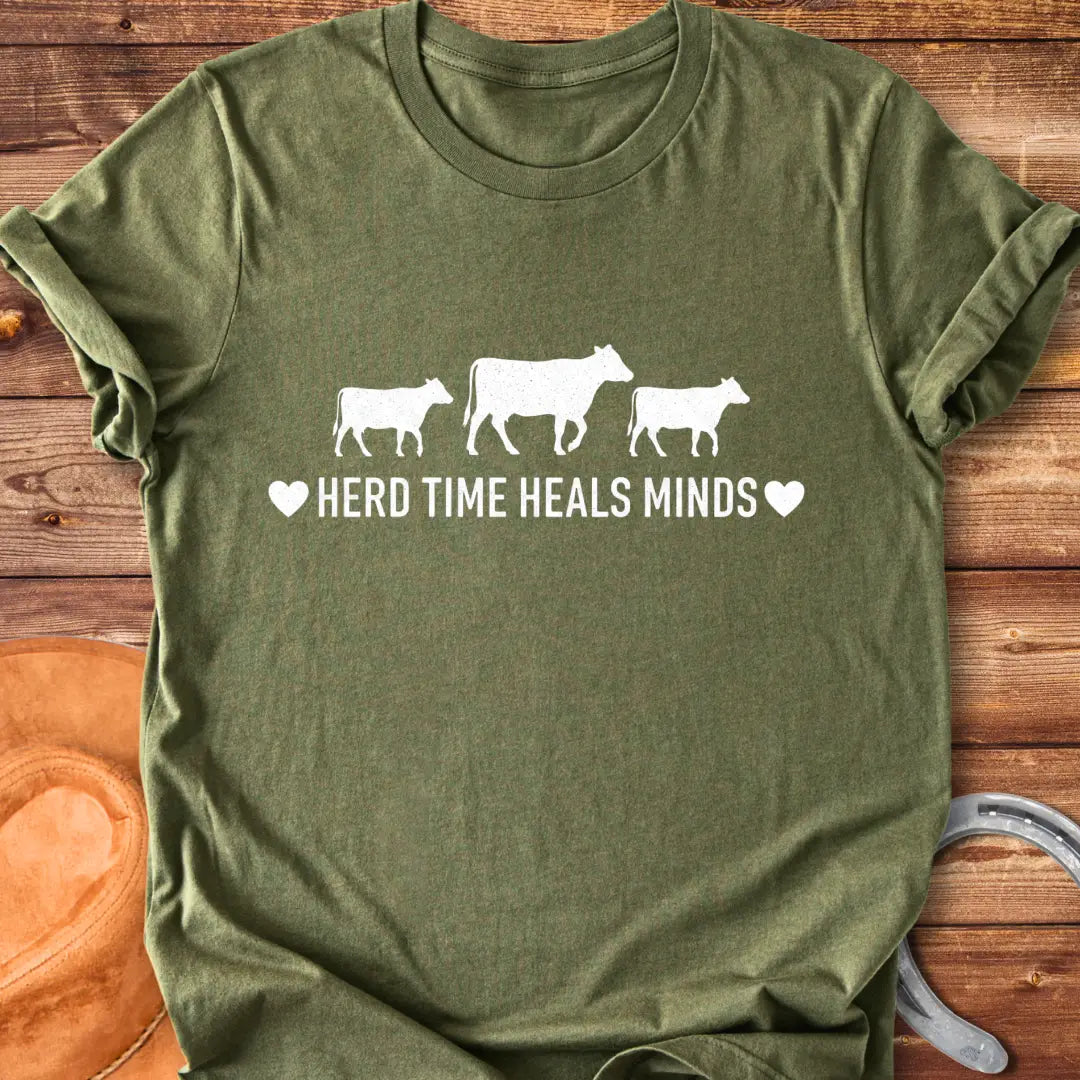 Herd Time Heals Minds T-Shirt featuring a design with cows