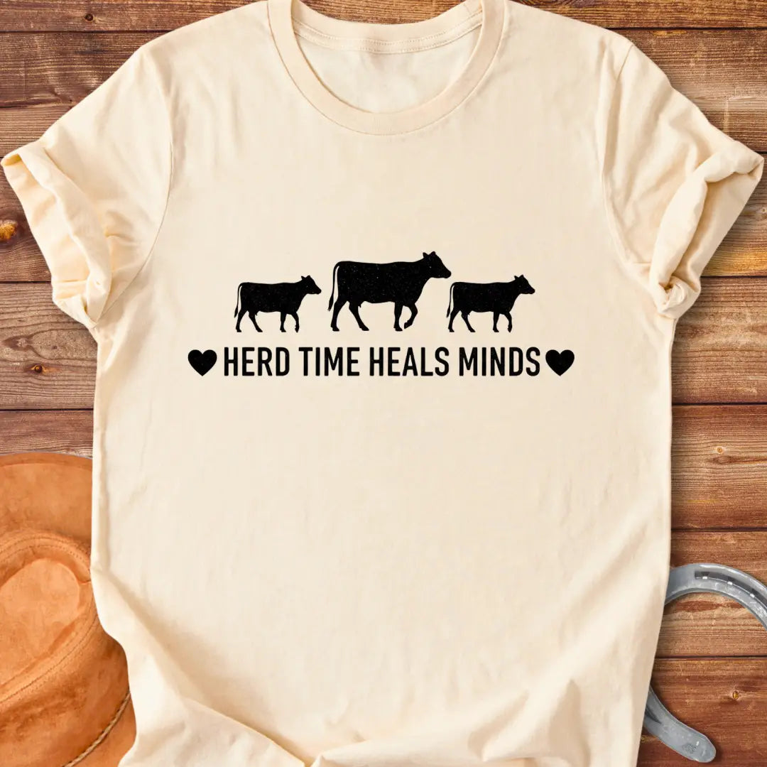 Herd Time Heals Minds T-Shirt featuring a design with cows