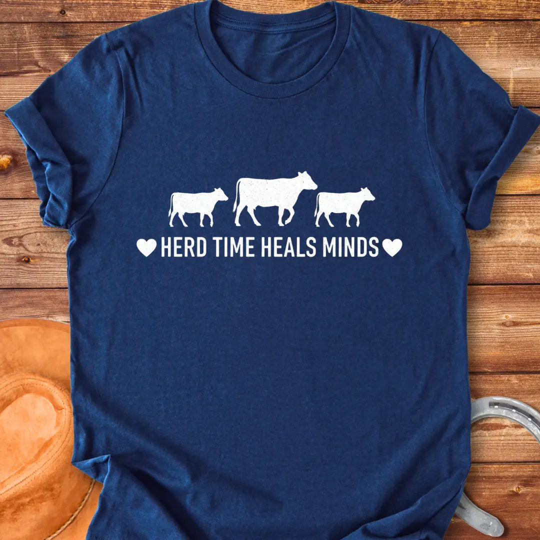 Herd Time Heals Minds T-Shirt featuring a design with cows