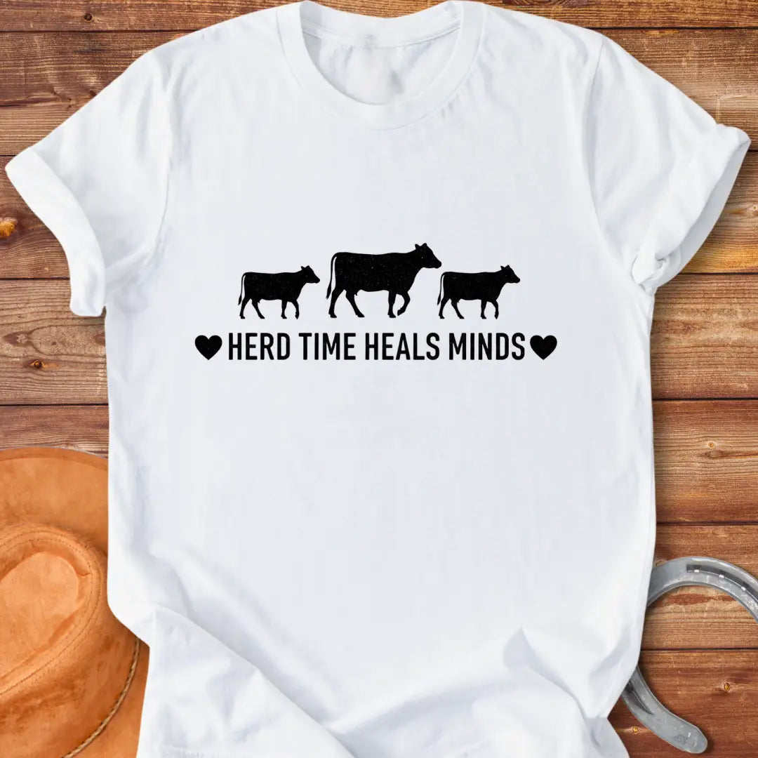 Herd Time Heals Minds T-Shirt featuring a design with cows