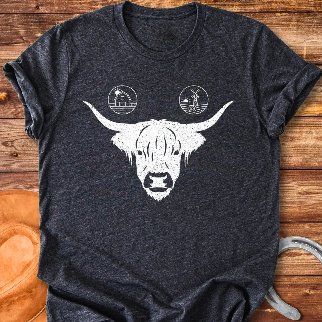 Highland cow face t-shirt with farmstead icons