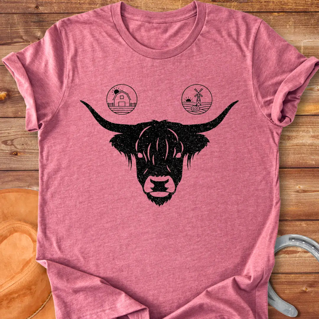 Highland cow face t-shirt with farmstead icons