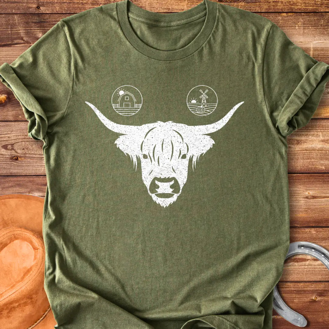 Highland cow face t-shirt with farmstead icons