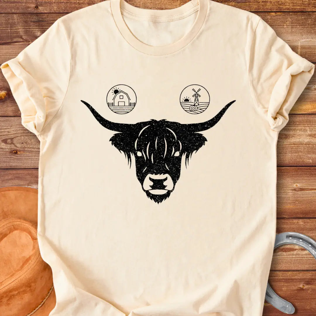 Highland cow face t-shirt with farmstead icons
