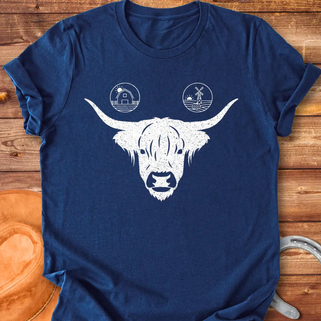 Highland cow face t-shirt with farmstead icons